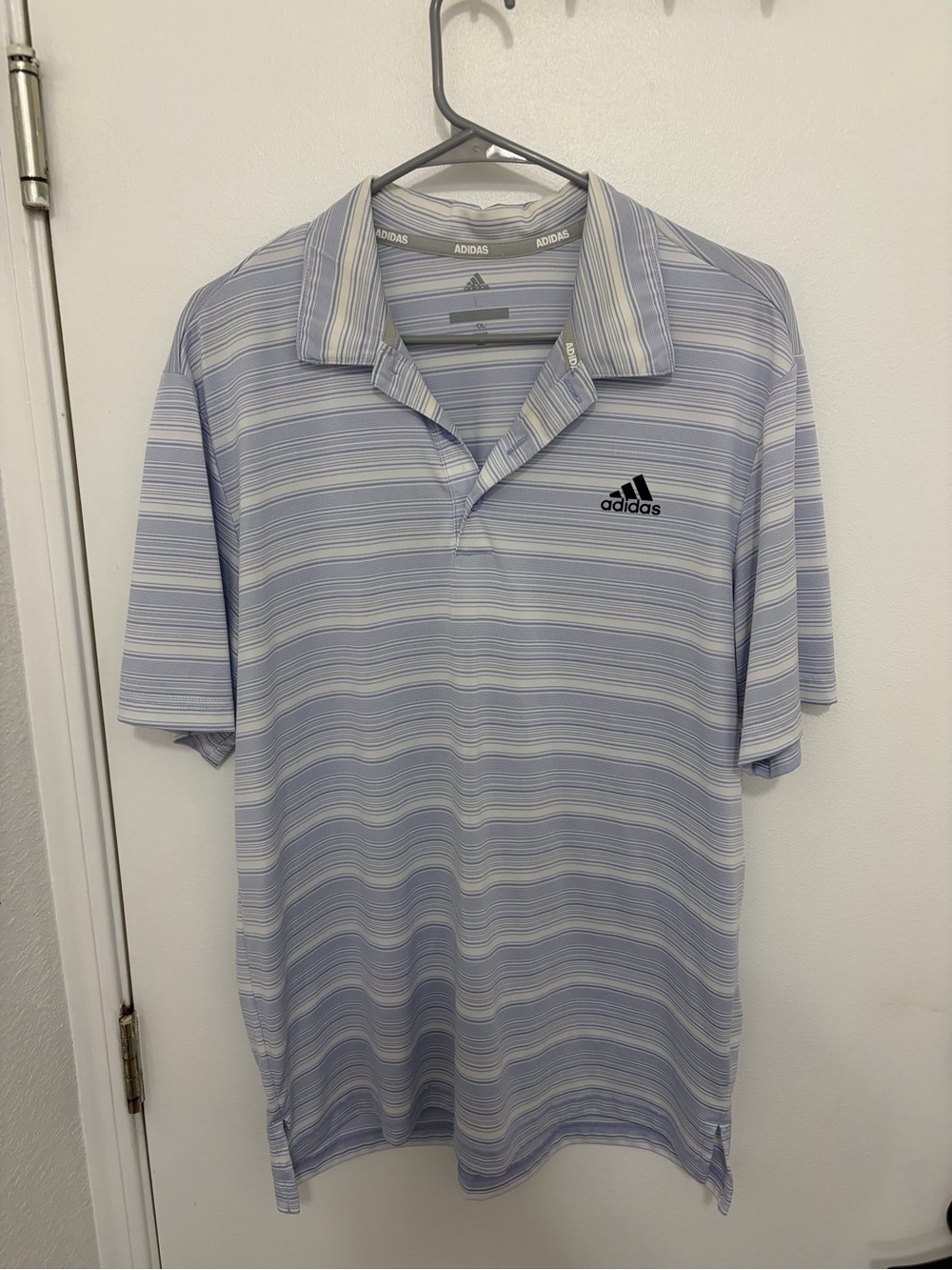 adidas Light Blue and White Striped Men’s Polo